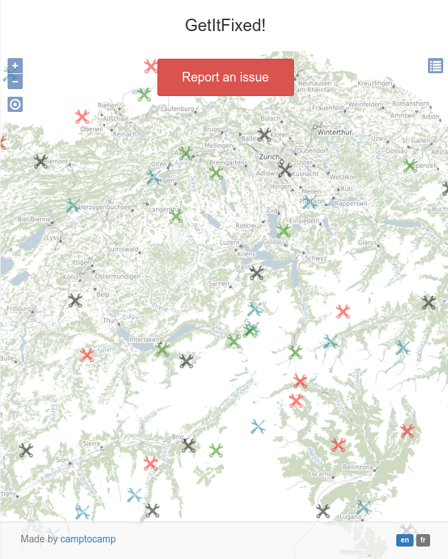 Vue d'ensemble cartographique de GetItFixed avec les signalements sur la carte